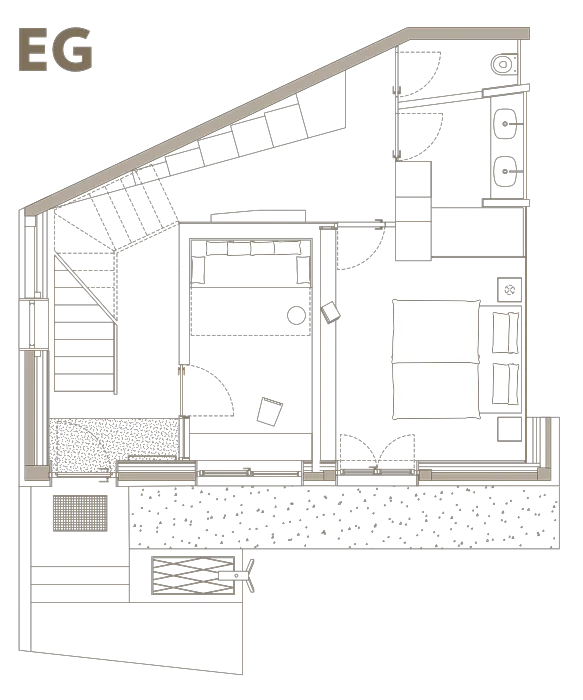 Grundriss einer kleinen Wohnung mit einem Schlafzimmer und einem Wohnzimmer. Das Schlafzimmer enthält ein Bett, und das Wohnzimmer ist mit einem Sofa und einem Tisch möbliert. Eine Treppe führt nach oben. Es gibt eine Eingangs- und eine Schiebetür.
