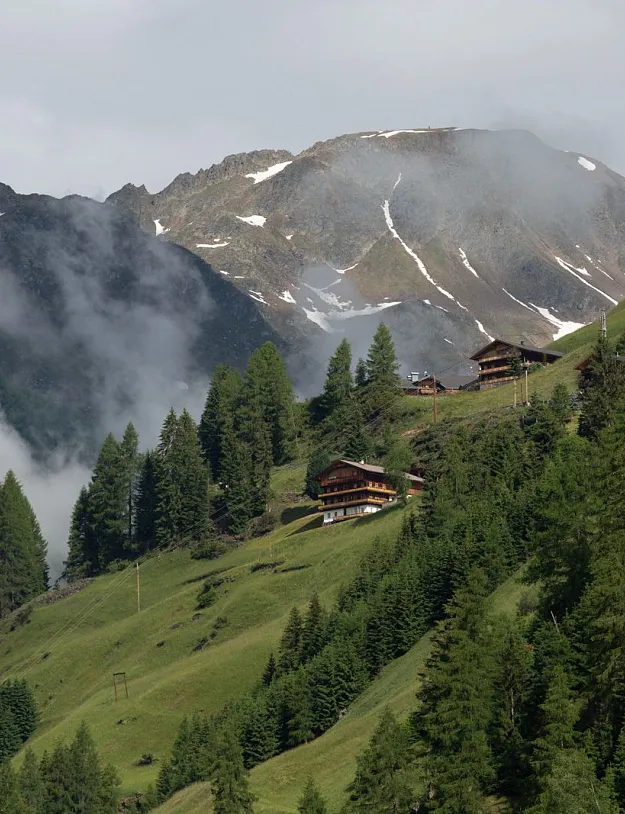 Eine malerische Berglandschaft mit bewaldeten Hängen und mehreren traditionellen Holzhütten in der Mitte des Bildes. Im Hintergrund sind verschneite Berggipfel und Nebelschwaden zu sehen, die zwischen den Bäumen aufsteigen.